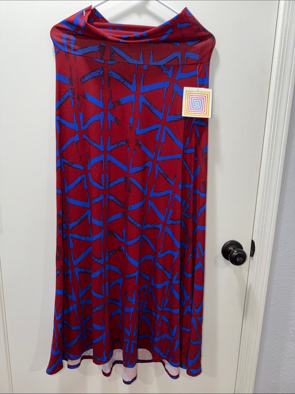 LuLaRoe Red Maxi Skirt with Blue Geometric Print